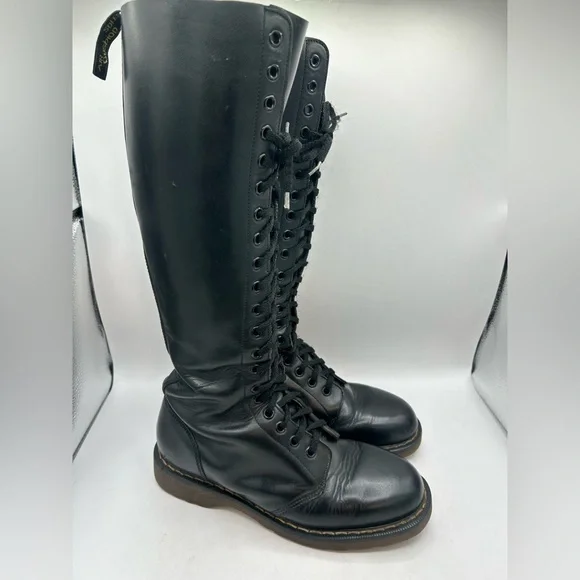 Vintage Dr Martens 1420 20 hole black knee high leather boots England m 8 W 9 - Picture 12 of 13